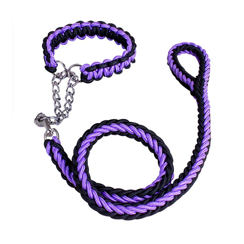 Плетеный ошейник с поводком для собаки 3 м - черный- фиолетовый
